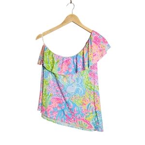 Lilly Pulitzer Colorful Pattern One Shoulder Ruffle Top Size XL